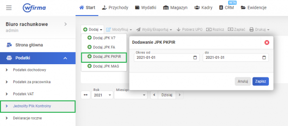 Jednolity Plik Kontrolny - JPK_PKPIR w systemie 